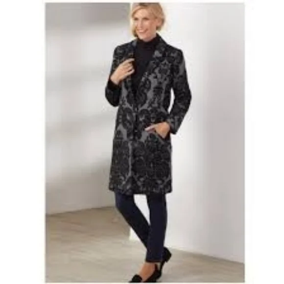 Soft Surroundings Coat Black Chenille Damask PS